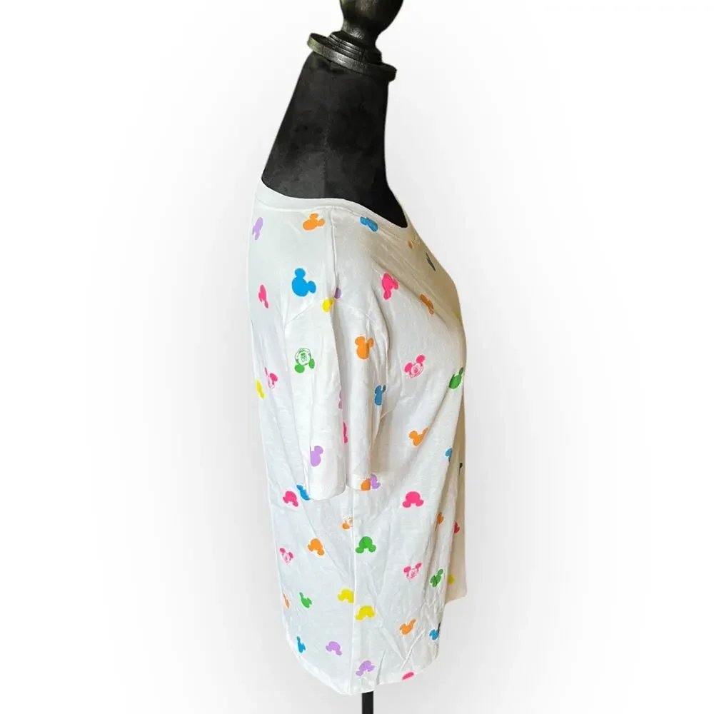 Disney Women's White with Multicolored Mickey Mouse Heads Print T-Shirt Size Med - Picture 6 of 9